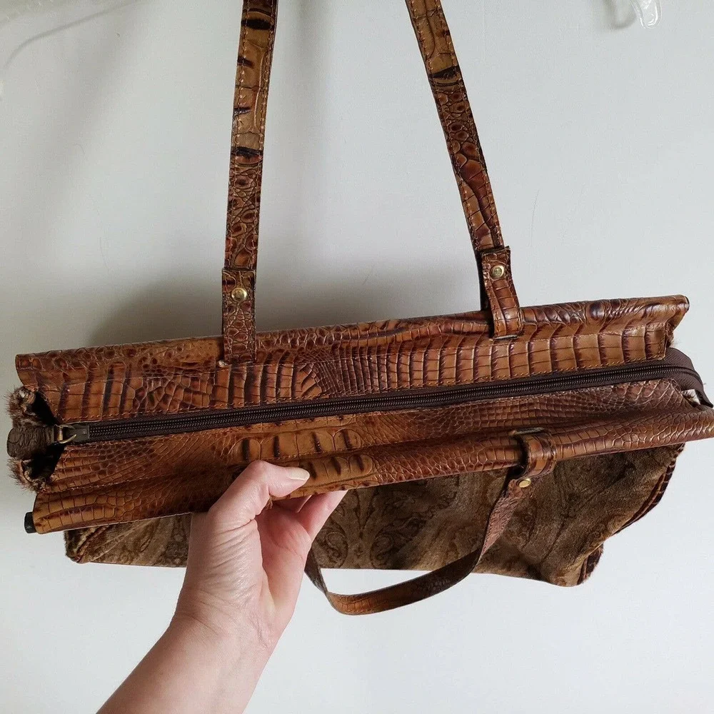 Rare Clever Carriage Company Brown Pony Hair Croc Embossed Leather Large Tote